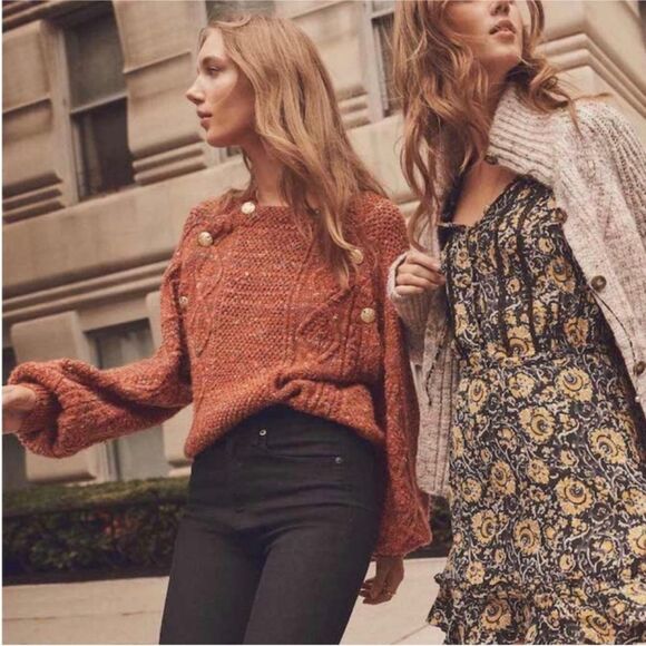 $550 Veronica Beard Adelaida Gold Button Orange Rust Balloon Sleeve sweater - Picture 5 of 12